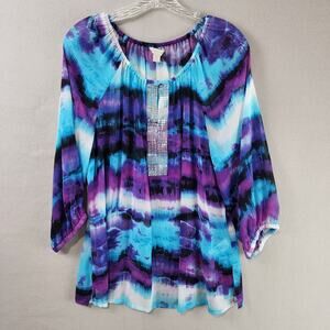 Laura Ashley Tie-Dye Top Women Large Rhinestone Detail Semi-Sheer Long Sleeve
